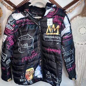 Members Only x Jean Michel Basquiat Alchemy Hooded Puffer Graffiti jacket